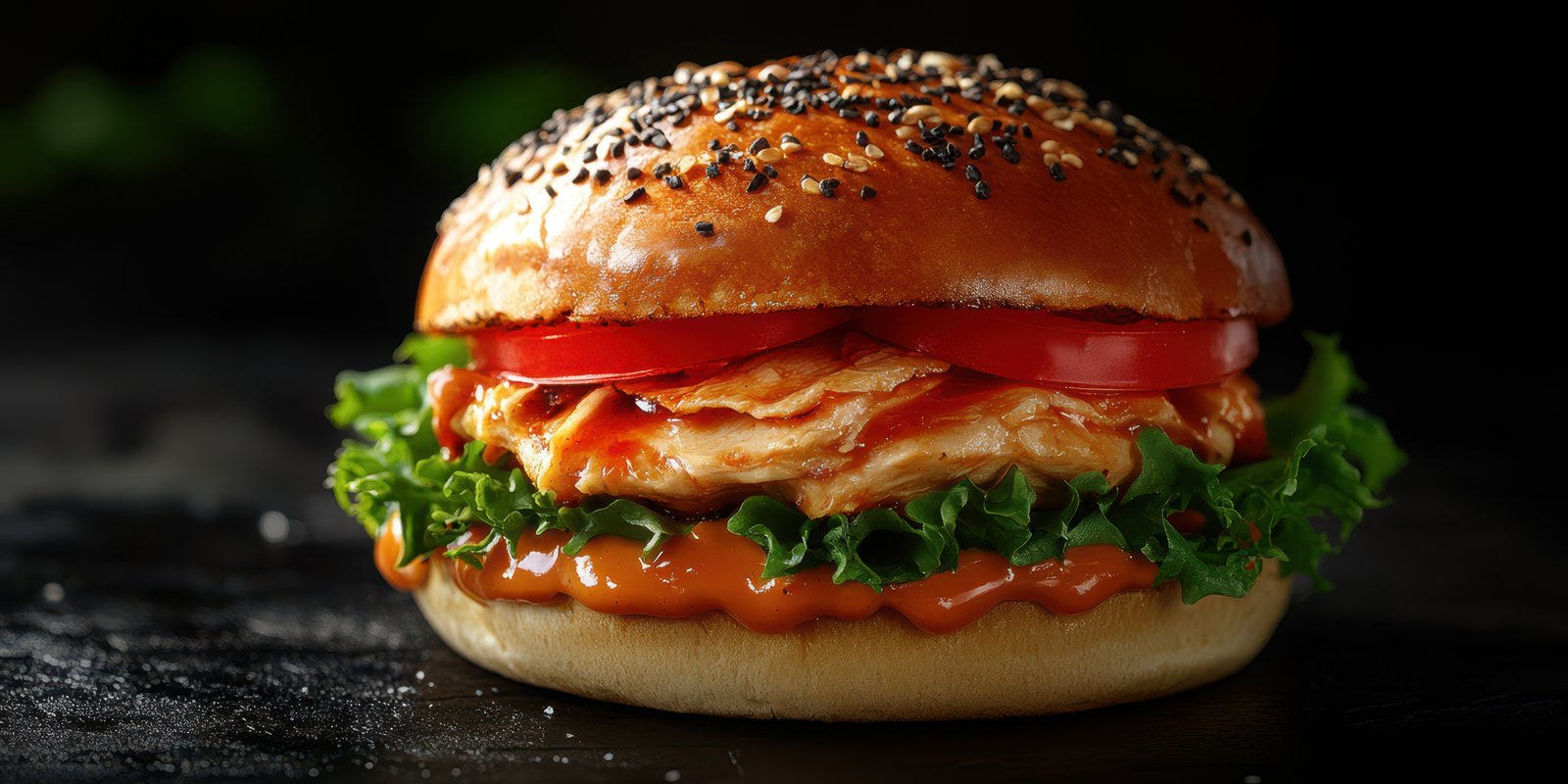 Delicious sandwich featuring fresh lettuce, tomatoes, and grilled chicken with a savory sauce on a sesame seed bun